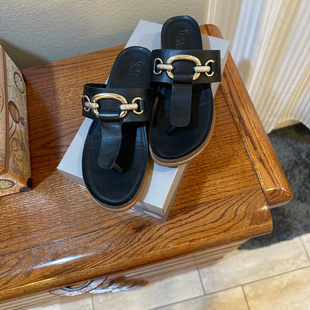 Franco Sarto Brielle Black Sandals with Gold Detailing